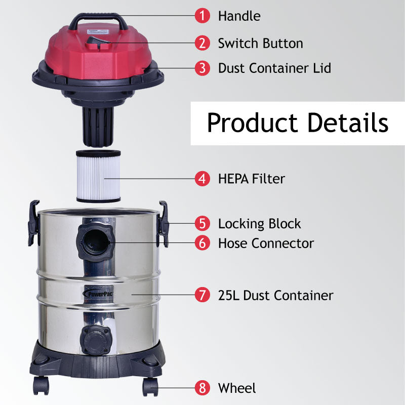 Wet & Dry Vacuum Cleaner, Vacuum Cleaner with Blower, Bagless Vacuum Cleaner With HEPA Filter 18KPa Suction (PPV2500)