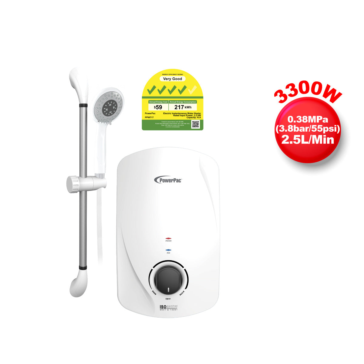 Instant Water Heater with Shower Set, Shower Heater 2.5L/Min, 3300W (PPW717)