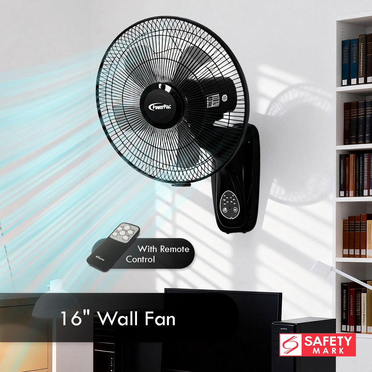 16" Wall Fan – Remote Control, Adjustable Tilt, Wide Oscillation, Safe & Easy Installation, Thermal Protection, 3-Speed, black, PPWF40R