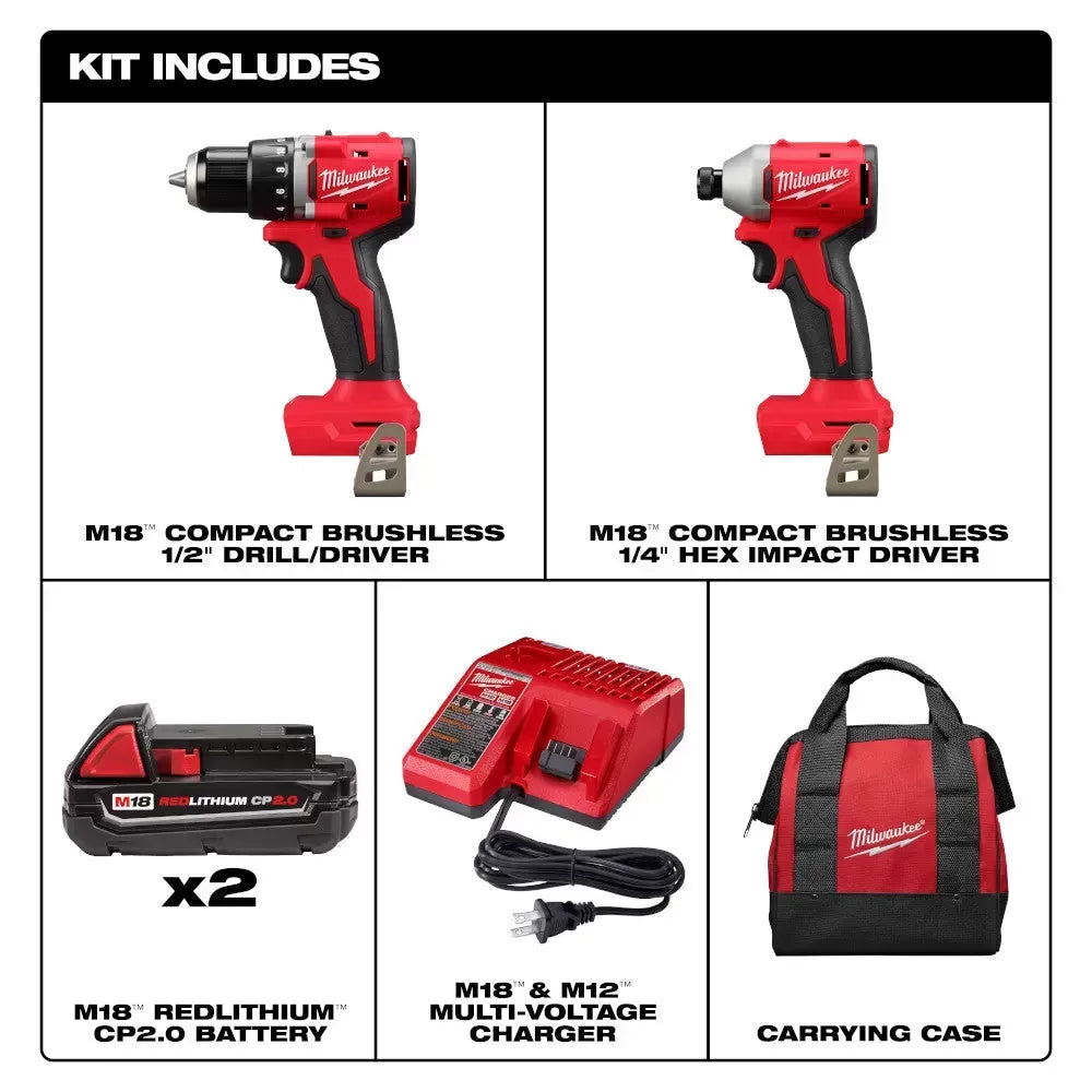 Milwaukee Pre-Sale Pre-Sale 3692-22CT M18 18V Compact Brushless 2 Tool Drill/Driver Combo Kit