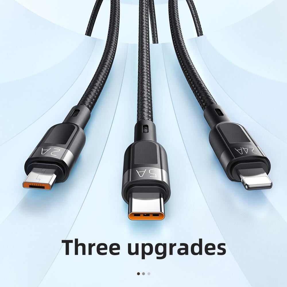 3 in 1 66W USB-A to Lightning+Micro+Type-C  Super Fast Charging Data Cable With LED