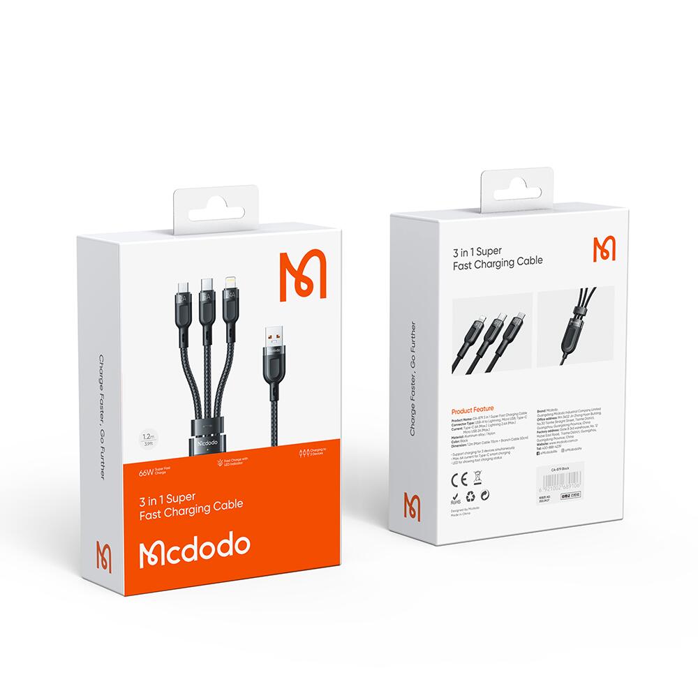 3 in 1 66W USB-A to Lightning+Micro+Type-C  Super Fast Charging Data Cable With LED