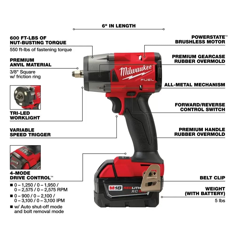 Milwaukee Pre-Sale 2960-22R M18 FUEL 18V 3/8 Mid-Torque Impact Wrench w/ Ring Kit